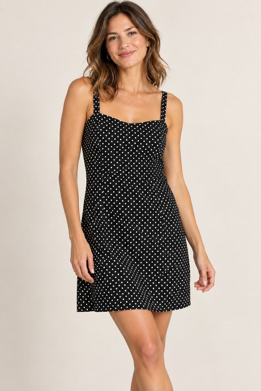 Tahari Adam S Levine poka dot sleeveless dress stretch size 12 party classic